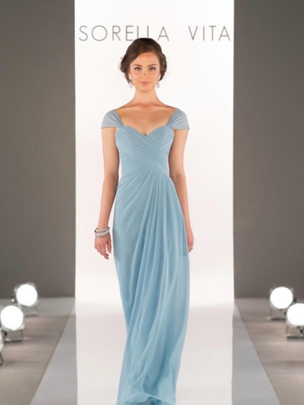 Sorella Vita 8630 Evening Mist color Off-Shoulder Chiffon Bridesmaid Dress - Picture 1 of 9